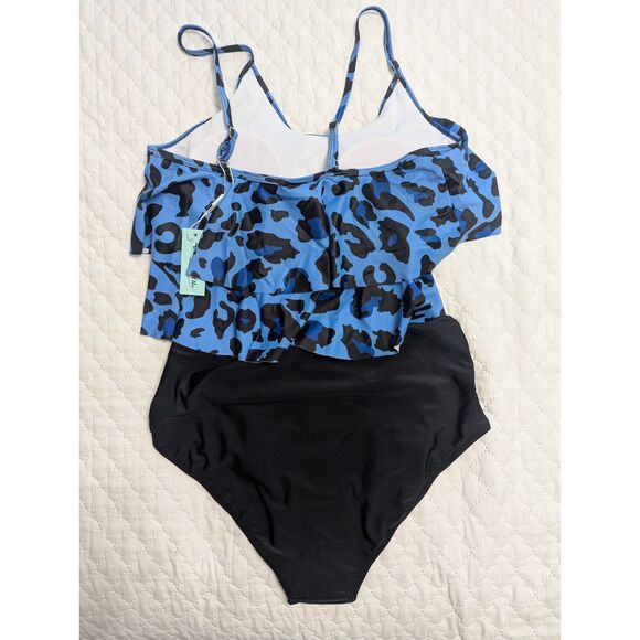🐆 NWT Adisputent Blue Leopard Tankini Swimsuit Ruffle Top Tummy Control Size L - Picture 5 of 11